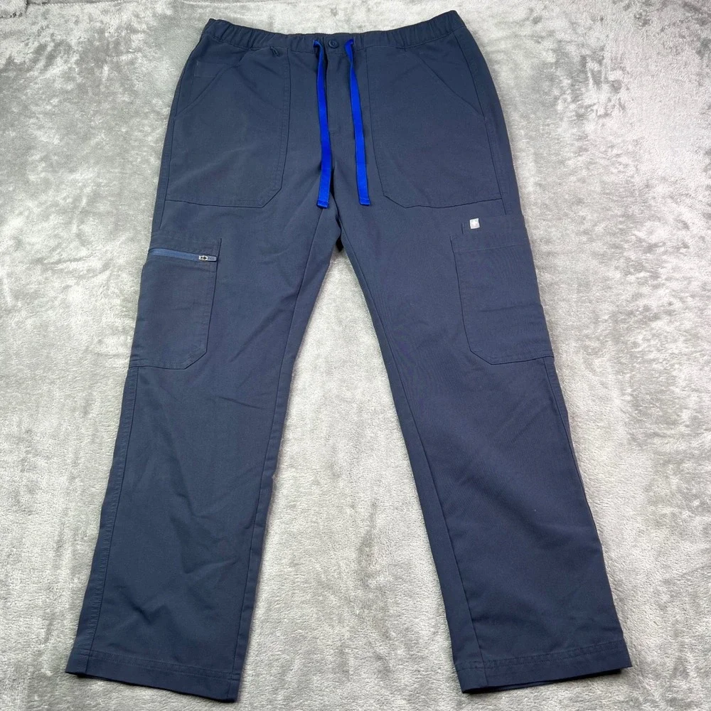 FIGS Cairo Straight Scrub Pants Mens L Navy Blue Solid Multi Pocket Drawstring